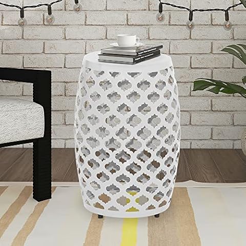 ABBLE Round Patio Outdoor Indoor Lace Cut Steel Side Table, Patio Garden Table, Coffee End Table Nightstand for Small Spaces,Living Room,Front Porch,Poolside, White Cover