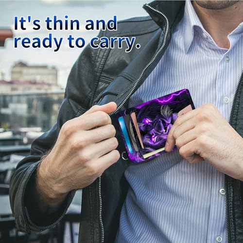 Purple Flame Lion Front Pocket Wallets for Men Women, PU Leather Slim Men's Wallets, Card Cases & Money Organizers RFID Blocking Wallet with Wrist Rope for Travel, Outdoors, Home, Shopping3
