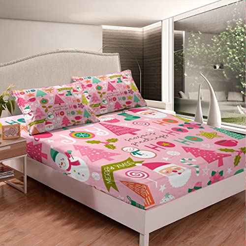 Pink Christmas Bed Sheets, Cartoon Santa Claus Sheet Set Full Size For Kids Boys Girls Women Bedroom, Snowman Pine Fitted Sheet + Christmas Tree Cute Deer Top Sheet + 2 Xmas Decor Pillow Cases #TOP2