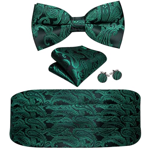 Image of YOHOWA Men Cummerbund Bow Tie Set Silk Paisley Formal Pre-Tied Bowtie Pocket Square Cufflinks Wedding Party Prom