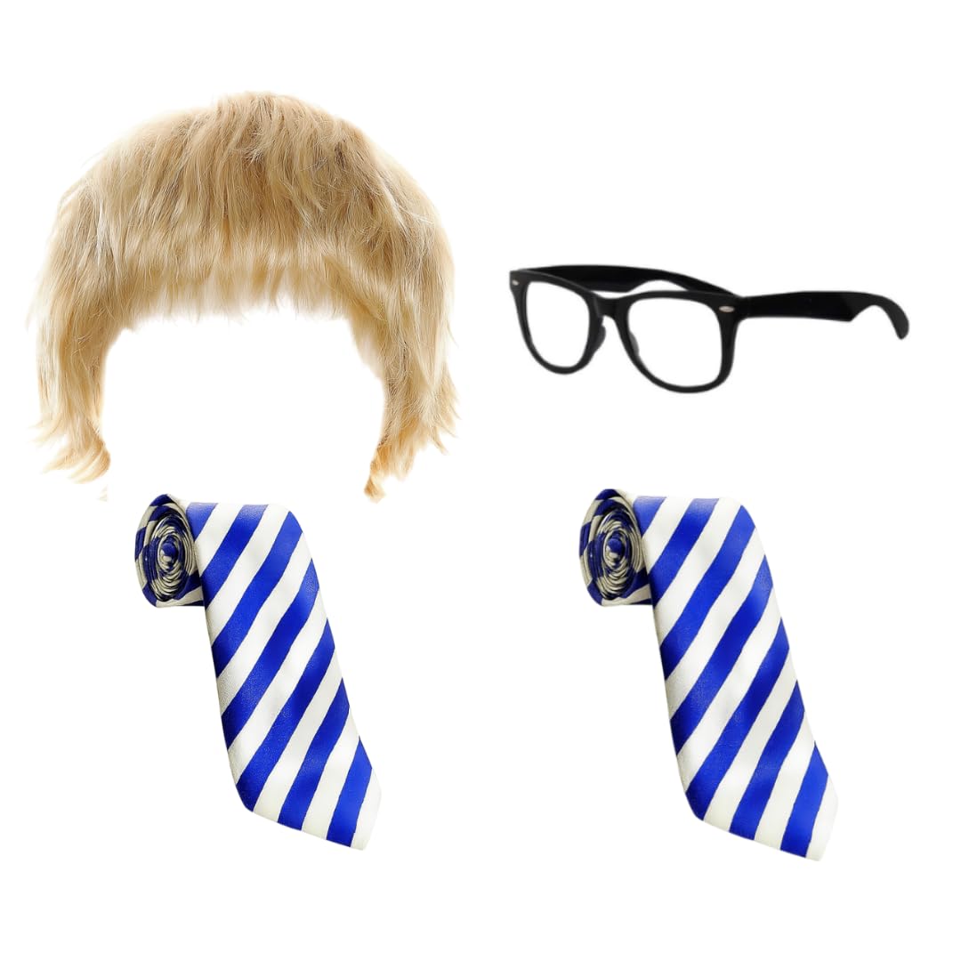 Will and Jay Inbetween Costume Set For Adults – Blonde Wig 2x Blue/Beige School Ties & Geek Glasses – Funny TV Show Fancy Dress Duo Outfit Halloween