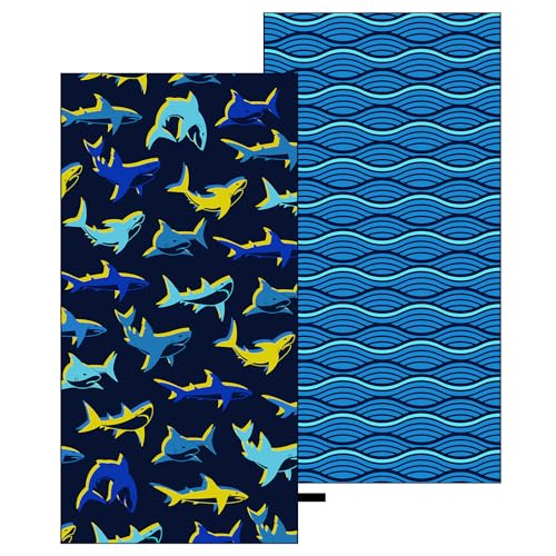 MelonBoat Large Microfiber Beach Towel: Bright Yellow Blue Shark Beach Towel for Travel, Super Absorbent Quick Dry Sand Free, Lightweight Compact for Kids Trip Vacation Bath Camping Pool Swim, 1 Pack