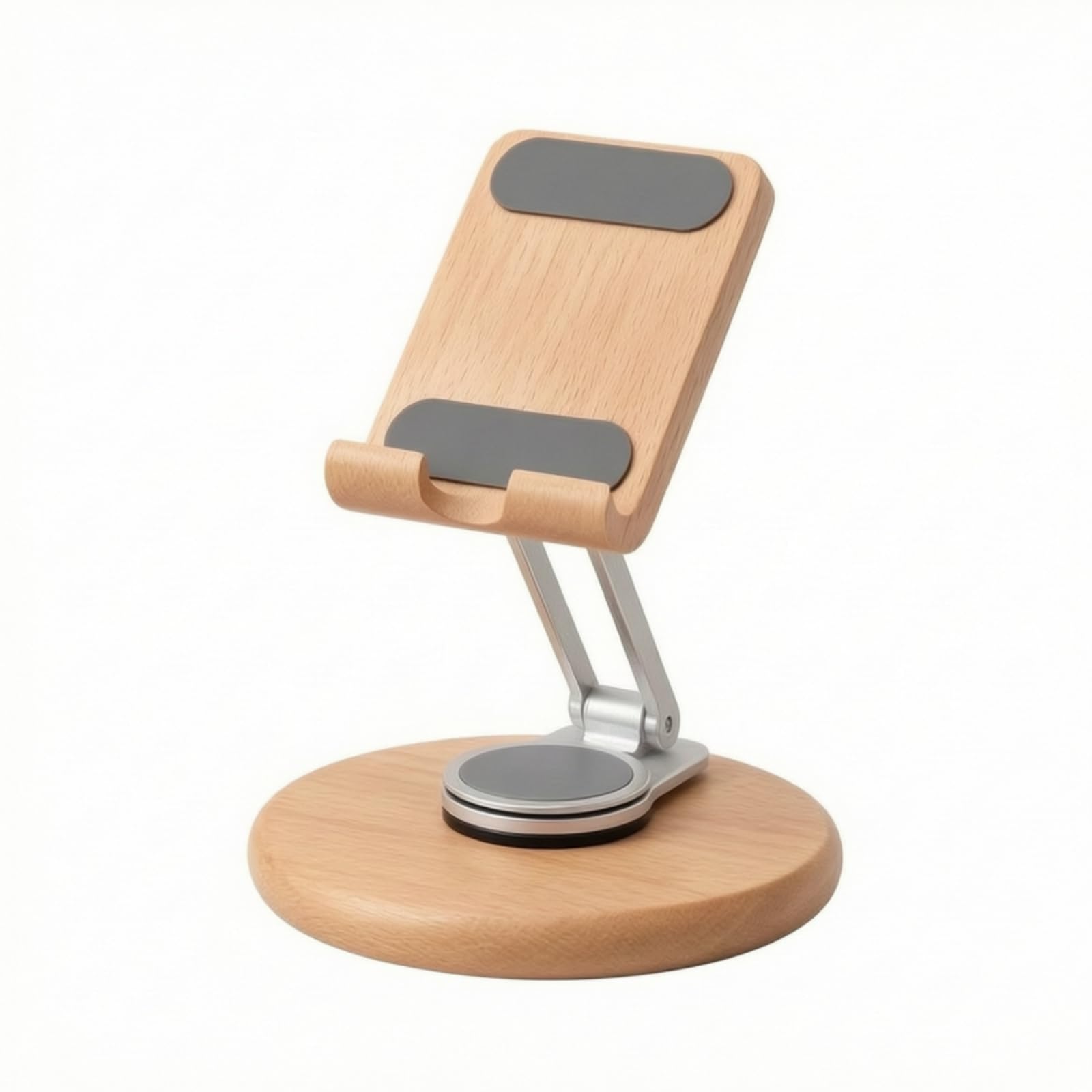 Supporto Tablet Regolabile Supporto Telefono Base Legno Pannello Legno Braccio Metallo Rotazione 360 Gradi Altezza, Moderno Minimalista, In Legno Di Faggio