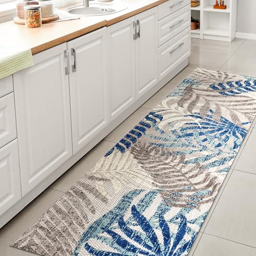 JONATHAN Y Tropics Palm Leaves Indoor Outdoor Runner Rug 2X10 Gray/Blue, Boho for Backyard, Patio...