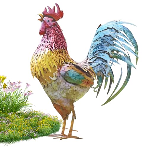 Générique Sculpture Coq en Métal – Statue Déco Rustique Peinte à la Main pour Jardin | Figurine Coqs Métallique Antirouille pour Intérieur Extérieur...