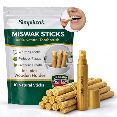 10 Natural Miswak Stick Toothbrush - Chewable Original Miswak Toothbrush for Natural Teeth Whitening - Traditional Arabian Siwak Stick for Teeth and Mouth Care with Wooden SWAK Holder -