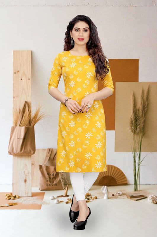 Image of JAKHANA Women's Crepe Printed Casual Straight Calf Length Round Nick Kurta Pack of 4