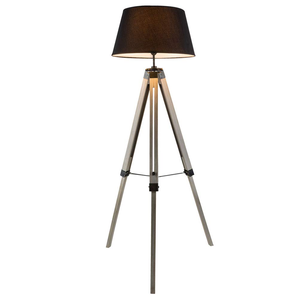 Stehleuchte Wohnzimmer grau Stehlampe Metall Standleuchte Stativ Holz, Textilschirm, 1x E27 Fassung, DxH 65x145 cm