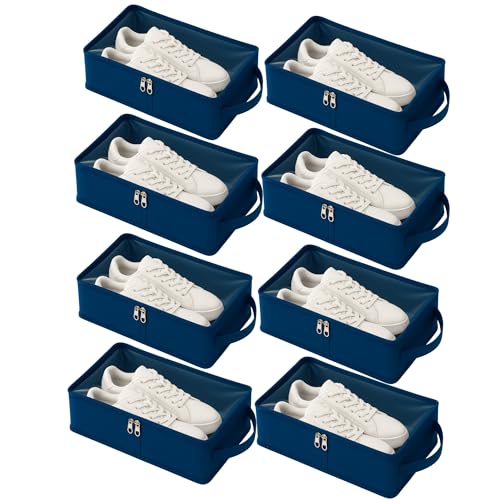 Image of Under Bed Shoe Storage Organizer Box with Clear Plastic Zippered Cover | Large Durable Rexine Travel Shoe Bag for Men & Women | Pack of 8 | Shoes, Slippers & Sports Footwear Storage (Blue)
