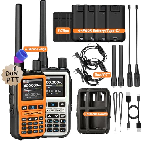 Image of BAOFENG UV-5R Mini Ham Radio - Dual Band VHF /UHF Radio with Extra Battery Earpiece for Outdoor Work - Rechargeable USB-C Portable Radio for Hiking Backup High-Visibility Orange White