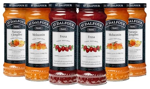 St Dalfour CAJA MIXTA | 2 frascos FRESA, 2 frascos MELOCOTÓN, 2 frascos NARANJA & JENGIBRE | Mermelada natural | Caja 6 frascos x 284gr | 100% fruta sin azúcares añadidos