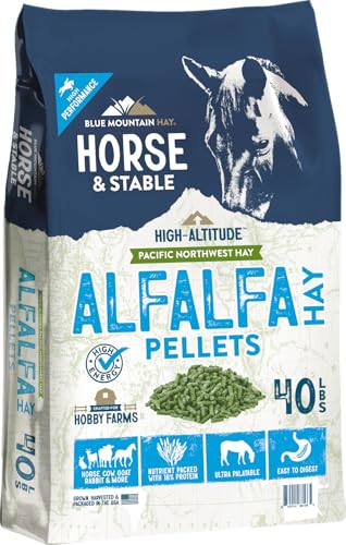Blue Mountain Hay High Altitude Horse Hay Pellets | Ultra Premium Alfalfa Hay, Timothy Hay, Orchard Hay, Teff Hay | Nutrient Dense | Cattle, Sheep, Alpaca, Rabbits (40 LB, Alfalfa Hay)
