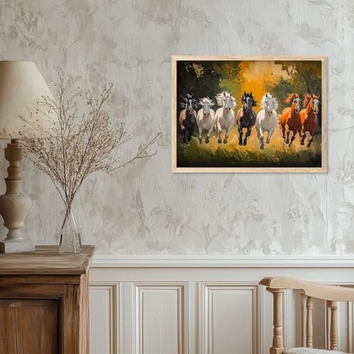 Image of HOTHOUSE Seven Running Vastu Lucky Horse Painting | 7 Horses Vastu Frame Wall Art Painting for Living Room Bedroom Office Home Decor Wall Decor Size (10X13 inch)