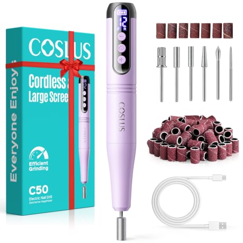 COSLUS C50 Portable Cordless Nail Drill, 12 Speeds &amp; LED Display, Purple