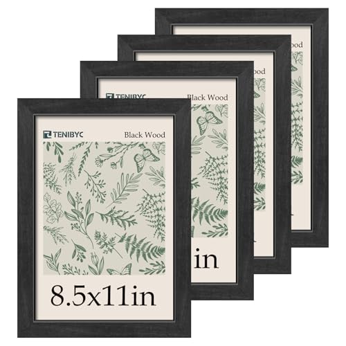 TENIBYC 8.5x11 Picture Frame Black - 4 Pack, HD Tempered Glass, Elegant Wood Grain Photo Frame, Suitable for Certificate Document, Table or Wall Display