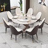 Montary 9 Piece Modern Dining Table Set of 8, Round 59' D Faux Marble Kitchen Table with Lazy Susan, Sintered Stone Top and Cross Carbon Steel Base Dining Room Table with 8 Brown Chairs