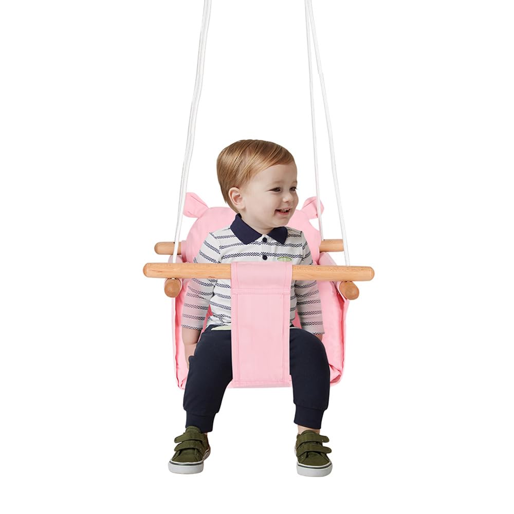 Altalena per bambini in tela con sacchetto per orso, 29 x 29 x 31 cm, altalena in legno ecologico traspirante con cintura di sicurezza, carico massimo 25 kg regolabile per interni ed esterni, rosa
