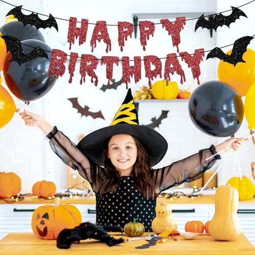 Image of Halloween Red Glitter Happy Birthday Banner Halloween Horror Zombie Birthday Banner Bloody Horror Movie Themed Birthday Photo Backdrop for Wall Home Mantle Office Wall Scary Party Supplies