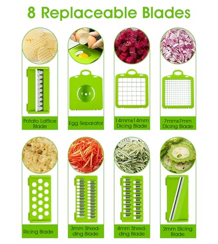 Dadajipo 18-in-1 Vegetable Chopper, Multifunctional Mandoline Slicer with 7 Stainless Steel Blades, Food Cutter with Peeler,Cleaning Brush,Mitten,Black & Green, Perfect for Cutting Vegetables & Fruits - Image 2