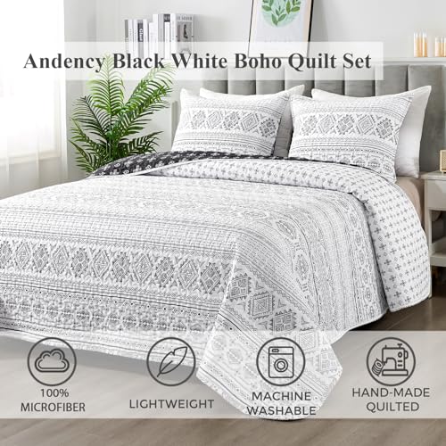 Image of Andency Black White King Size Quilt Set, 3 Pieces Boho Lightweight Soft Striped Bedspread for All Season (106 inchx96 inch), Printed Bohemian Polyester Reversible Coverlet Comforter Sets
