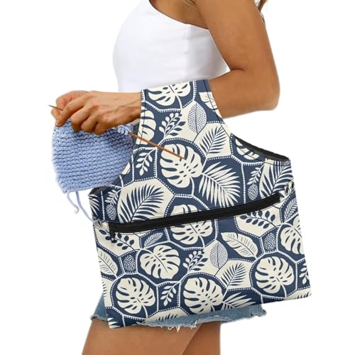 Image of ZUXONGSY Monstera Leaf Yarn Bags for Knitting Tropical Leave Yarn Tote Bag for Women Floral Portable Knitting Project HanbBag for Crochet Hooks
