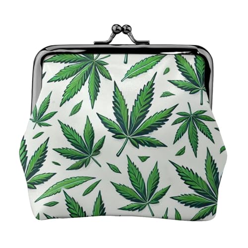 Pu Leather Buckle Coin Purse Cannabis-Green-Leaves Girls Kiss-Lock Change Purse Wallets