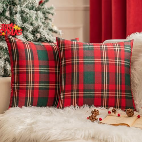 Plaid Christmas Throw Pillow Covers 18×18 Inch Red and Green Decorative Pillow Covers Set of 2 Accent Pillow Cases for Holiday Home Decor Cushion Covers Woven Fabric with Gold Thread