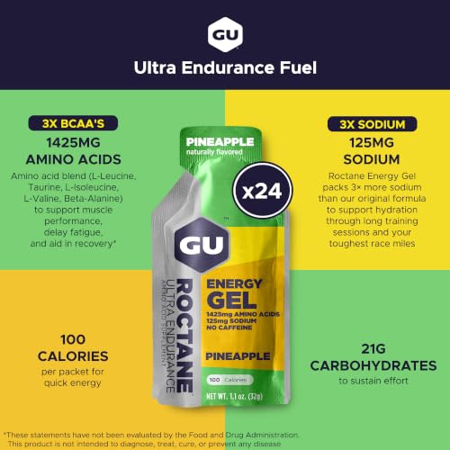 Image of GU Energy Roctane Ultra Endurance Energy Gel, Vegan, Gluten-Free, Kosher, and Dairy-Free On-The-Go Sports Nutrition for Running, Biking, Hiking or Skiing, 24-Count, Pineapple