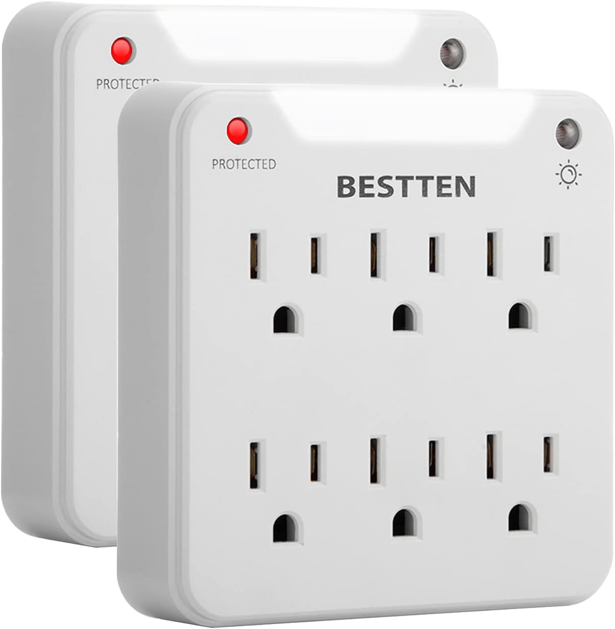 [2 Pack] BESTTEN Wall Mount Surge Protector with White LED Night Light, 6 AC Outlets, 15A/125V/1875W, 900 Joule Surge Rating, ETL Listed, White