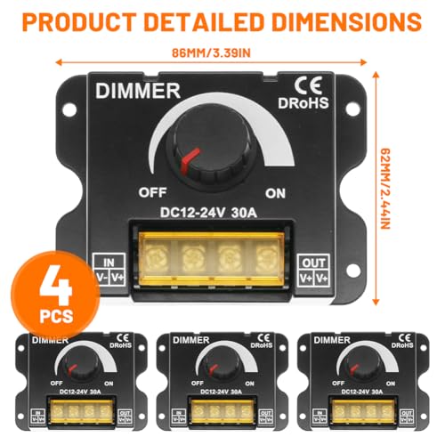 Ściemniacz LED, 4 sztuki, DC 12 V, 24 V, 30 A, PWM do taśm LED, regulator jasności, przełącznik ściemniania z pokrętłem do regulacji, włącznik/wyłącznik, ściemniacz, kontroler do regulacji jasności