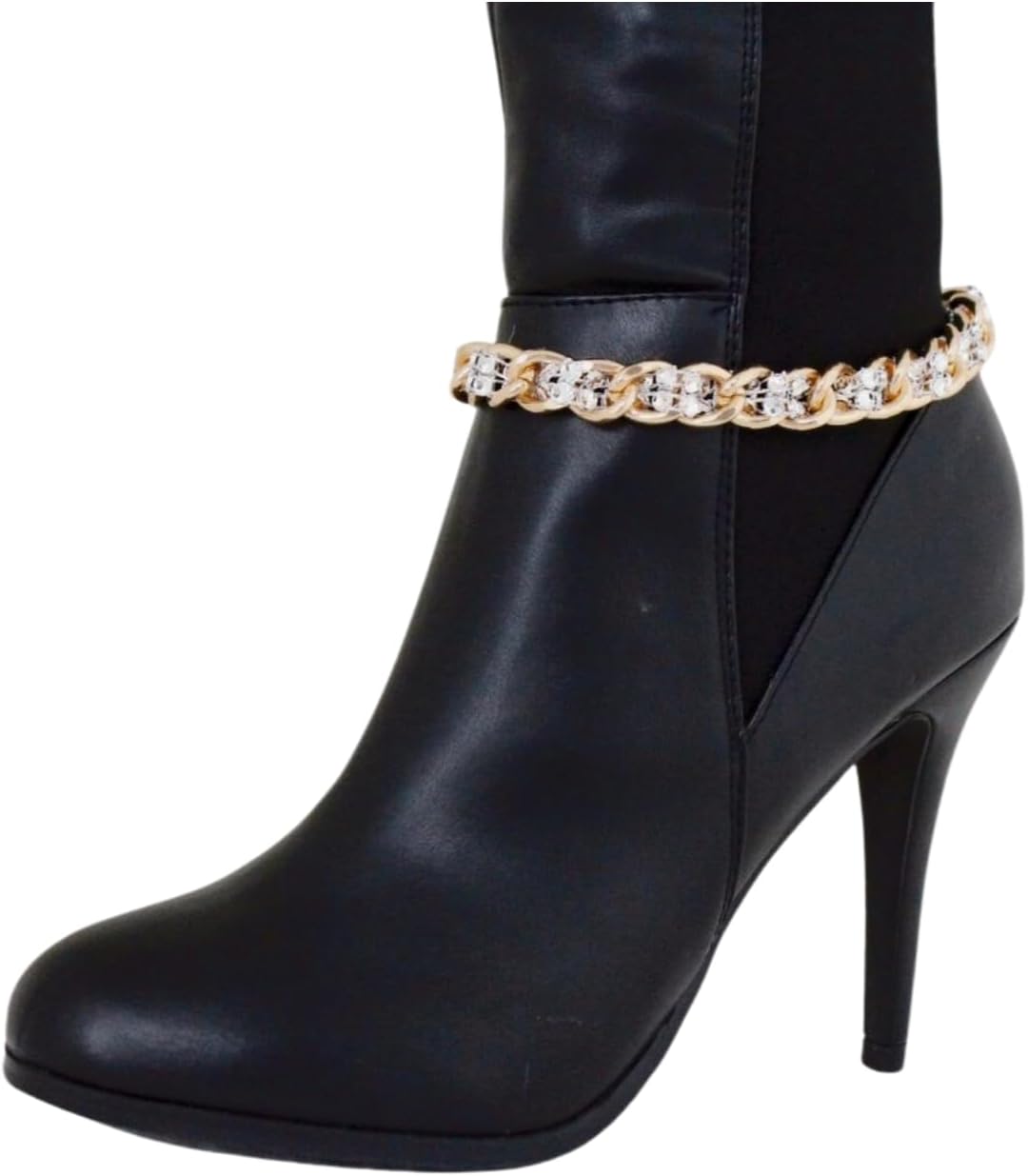 TrendyFashionJewelry Women's Boho Western Boot Chain Pair, Gold Chain Links With Silver Mesh Bead Accents, Adjustable Boot Anklet 11-15 In, BC170