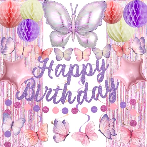 33Pcs Purple Happy Birthday Decorations for Women, Butterflies Birthday Decorations Purple Butterfly Decorations with Banner Hanging Swirl for Women Girl Butterfly Theme Party Supplies