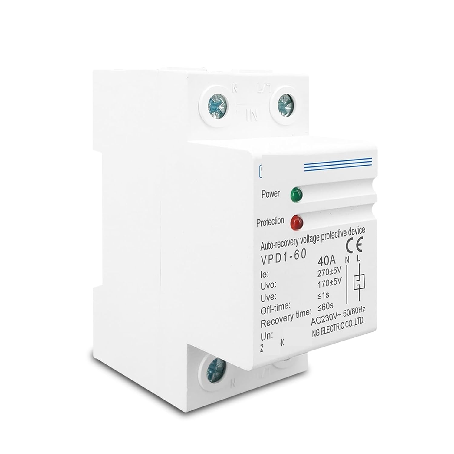 40A 60A 230V Din Rail Automatic Recovery Reconnect Over Voltage and Under Voltage Protective Device Protection Relay 1Pcs(40A)