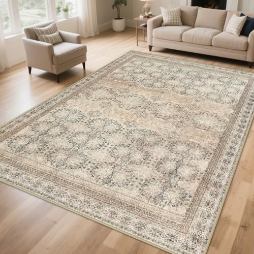 6x9 Washable Area Rug Non Slip, Thin Vintage Floral Living Room Rug Low Pile, Indoor Large Distressed Print Carpet for Bedroom, Dining Room, Farmhouse, Home Office, College Dorm Beige/Pink/Orange