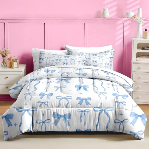 Image of Nesker Bow Comforter Set Full Size, 7 Pieces Bed in a Bag, Blue Bow Bedding Set for Girls, Coquette Comforter Set with 2 Pillowcases & 2 Shams