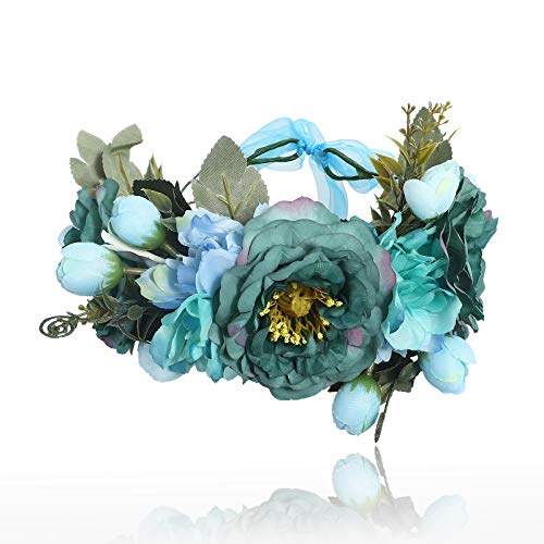 Flower Crown Headband Floral headpiece - AWAYTR New Bohemian Ribbon Adjust Flower Hairbands Party Wedding Hair Wreaths (blue)
