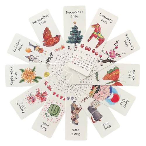 12枚の紙しおり 2026年カレンダー付き 月々の風物詩入り 読書ブックマーカー