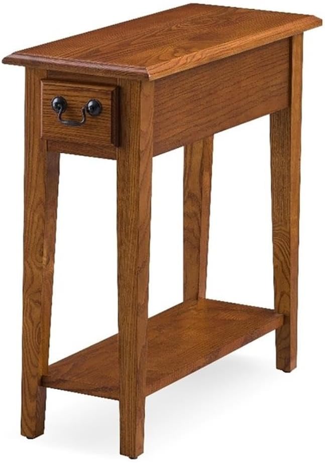 BOWERY HILL Transitional Solid Ash Wood Chairside End Table, Medium Oak Brown Finish, 24" H x 10" W x 24" D, Narrow Design with Drawer and Shelf, Small Space Solution for Living Room or Bedroom Use