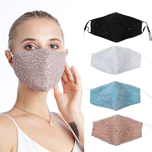 Image of Sparkly Sequins Mouth Masc Fashion Designer Glitter Cotton Face Cover With Adjustable Ear Loops Reusable Masquerade Party Nightclub Rave Festival Sequins Face Covering (Pink)