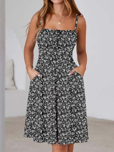 Image of YATHON Summer Mini Corset Sun Dress for Women Short Casual Square Neck Lace Up Floral Beach Vacation Dresses with Pockets