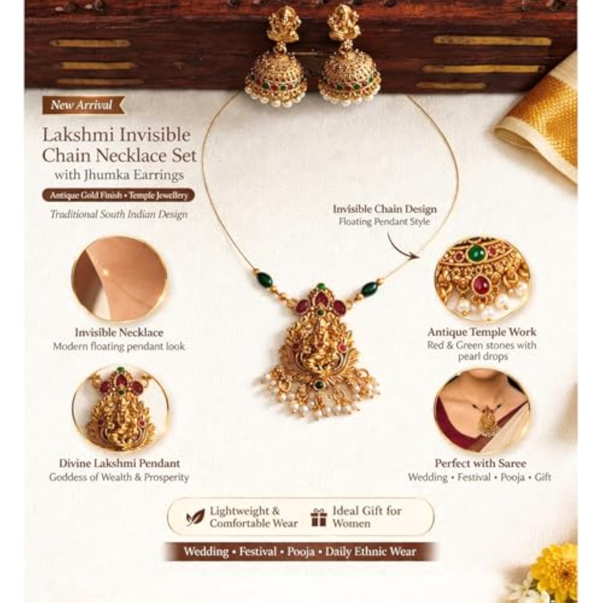 Antique Gold Plated Lakshmi Necklace Set with Jhumka Earrings
