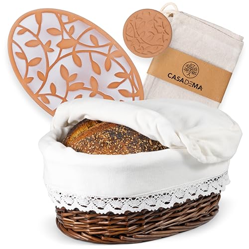 CASADEMA Bread Warmer Basket with Warming Stone (Large Oval 12 x 9) - Bundled w/Linen Bread Bag & Bread/Sugar Saver - Bread Baskets for Serving with liner and lid - Bread Serving Basket for Table