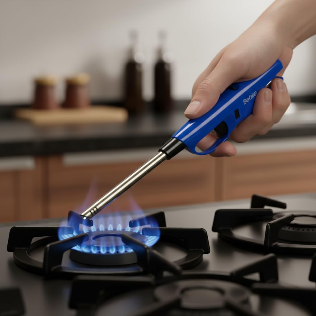 DEBIRE Kitchen Gas Lighter for Stove Igniter and Candles | Durable ABS Plastic Body | Refillable and Flame Adjustable | Built-in Safety Lock | 27cm (Blue, Pack of 1) 2