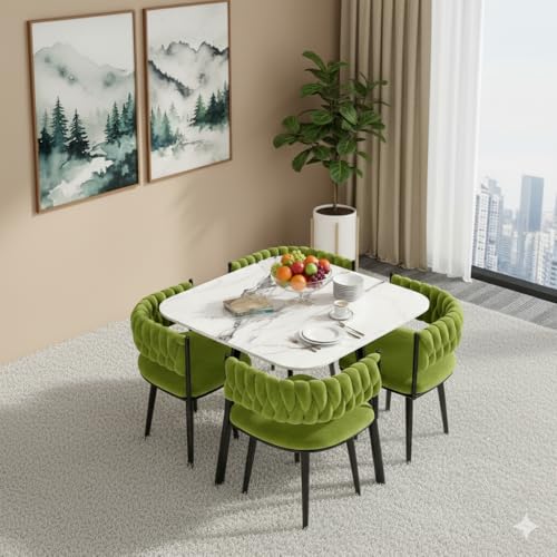 Deep Sleep Modern 5-Piece Dining Table Set | 4 Velvet Chairs & 1 Marble Top Table | Scratch-Resistant Easy to Clean | Compact Nordic Design for Kitchen Apartment & Living Room| Olive Green