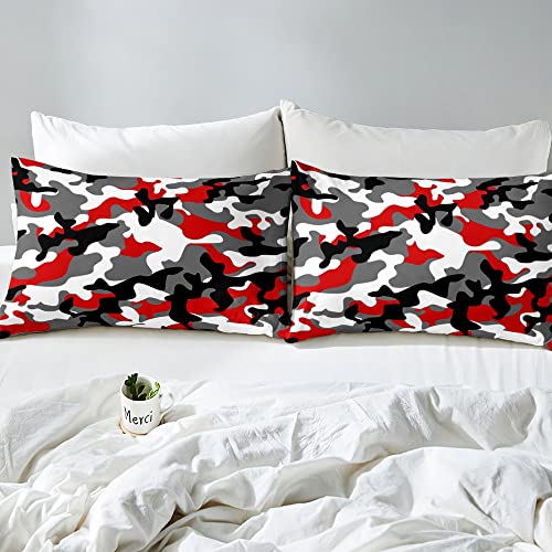 Camo Fitted Sheet For Kids Boys Camouflage Bedding Sets Full Size, Abstract Colorful Bed Sheets Red Black Military Bedding Decor Set For Teens Youth Adult Men Bedroom Living Room Decor, Grey White #TOP3