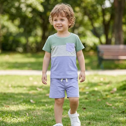 Image of Toddler Boy Clothes Baby Summer Outfit Patchwork Tee Shorts 12M-4T | Soft Patchwork Tee, Pocket Shorts With Stretch Waistband, Breathable For Summer Play, Machine Washable