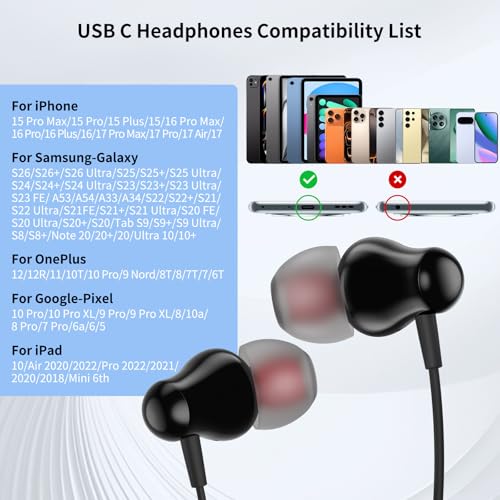 Image of ACANDYA USB C Headphones with Mic in-Ear Wired Earbuds for Work Calls Black | Noise Isolating USB C Headphone Wired Earbuds for Commute Travel Earphones with Microphone Portable for Subway Bus Plane
