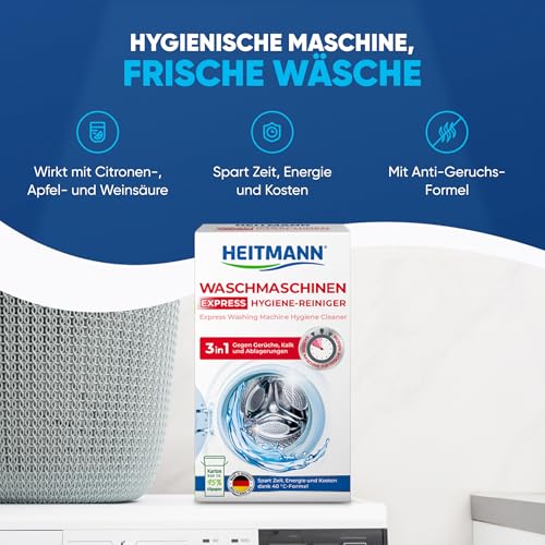 HEITMANN Express Waschmaschinen Reiniger: entfernt Kalk, Ablagerungen und Gerüche, Maschinenreiniger, 250 g