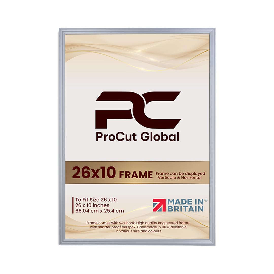 Procut Global 26x10 Silver Picture Frames - Classic Wooden Photo Frame with Shatterproof Perspex for Wall or Tabletop - Perfect for Posters, Certificates & Prints - Sizes & Colors Available