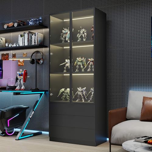Vrmuxita Display Cabinet with Glass Doors: 79' Black Lighted Display Cabinet with 3 Drawers, Tall...